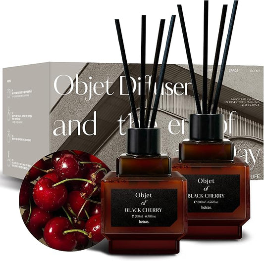 hetras Objet Diffuser Gift Set 6.7 fl.oz. 2 Pack | Black Cherry Scent | Long-Lasting Scented Room Fresheners with 8 Reed Sticks for Home Fragrance Bedroom Bathroom Shelf Décor