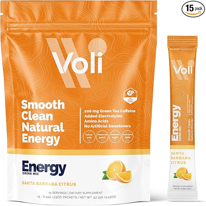 Voli Energy Drink Mix Packets | Natural Pre-Workout Powder with Green Tea Caffeine & B Vitamins, Amino Acids & Electrolytes for Sustained Focus, Hydration & Clean Energy | No Added Sugar, 15-Count