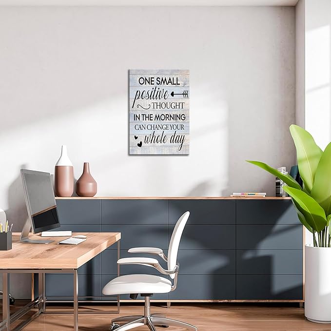 Farmhouse Inspirational Wall Decor for Home Decoration – One Small Positive Thought in the Morning Quote Picture Canvas Prints, Motivational Wall Art for Living Room Bedroom 16x24 inch Framed