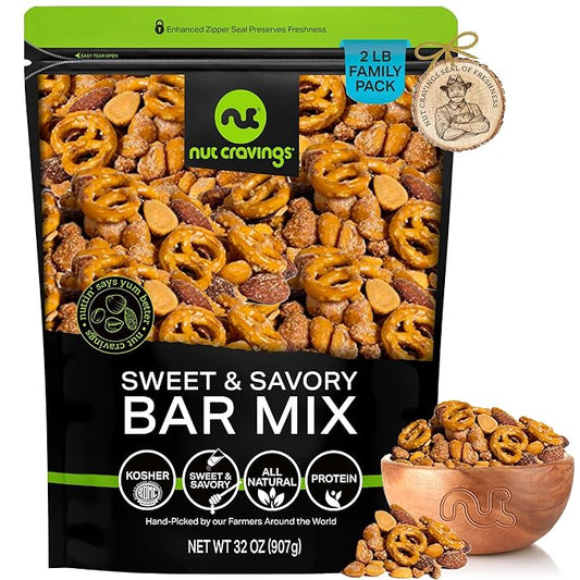 NUT CRAVINGS - Party Bar Nut Mix, Sweet & Savory Pub Snack - Smoked Almonds, Pretzels, Toffee Peanuts, Spicy, Honey Roasted Peanut (32oz - 2 LB) Packed Fresh in Resealable Bag - Food Assortments