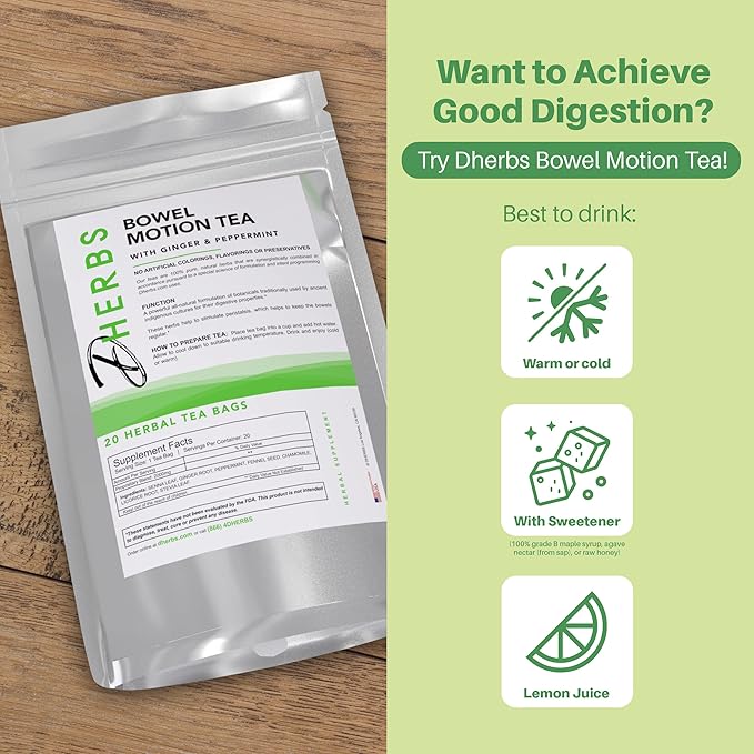 Dherbs Bowel Motion Tea Detox Drink, 20 Herbal Tea Bags (1 Pack) - Made with Senna Leaf, Ginger Root, Peppermint & More for Colon & Stomach Cleanse
