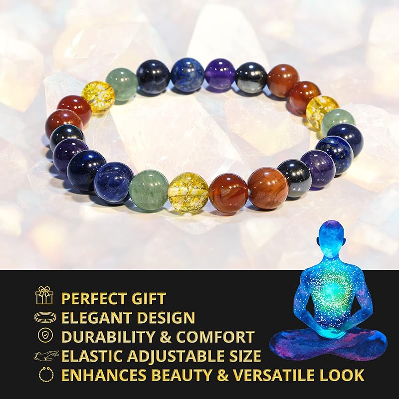 7 Chakra Bracelet, Natural Healing Crystal Bracelet for Women and Men, 8mm Round Beaded Bracelet for Spiritual Healing, Protection, Positive Energy, Elastic Adjustable Size Gemstone Bead Bracelet