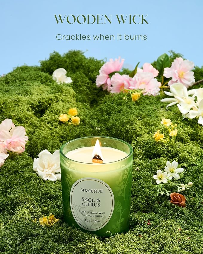 M&SENSE Sage Citrus Scented Candle, Wooden Wick Candle, 100 Hours Slow Burning Natural No Toxin Soy Wax 18oz, Stress Relief Relaxing Meditation Home Fragrance,Housewarming Gifts for Men Women