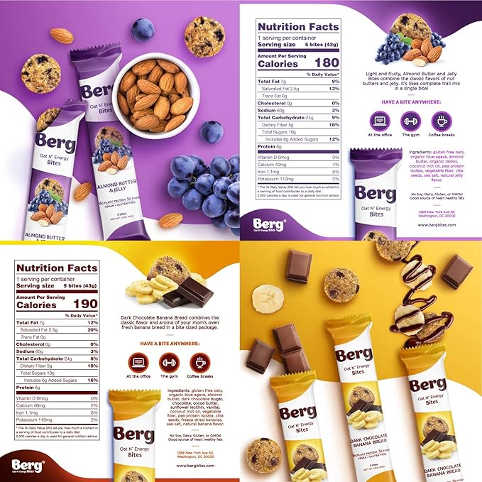 Berg Energy Bites Variety Pack – Plant-Based Protein Snack with 16g Protein & 1g Sugar – Vegan, Gluten-Free, Low Sugar, High Fiber, Non-GMO, Prebiotic Superfood Bites – 1.5oz (8 Pack)