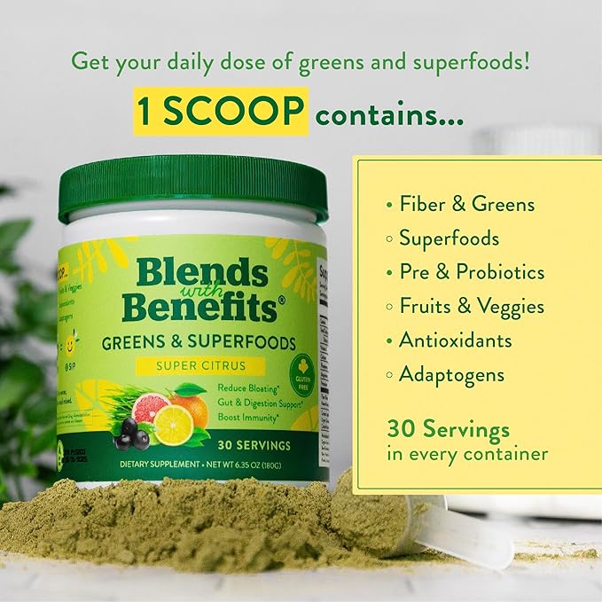360 Nutrition Blends with Benefits Super Greens Powder w/Probiotics, Digestive Enzymes, Sugar & Gluten Free, Plant Based Superfood Drink Mix for Gut Health, Bloating, Immunity, Overall Health, 6.35 oz