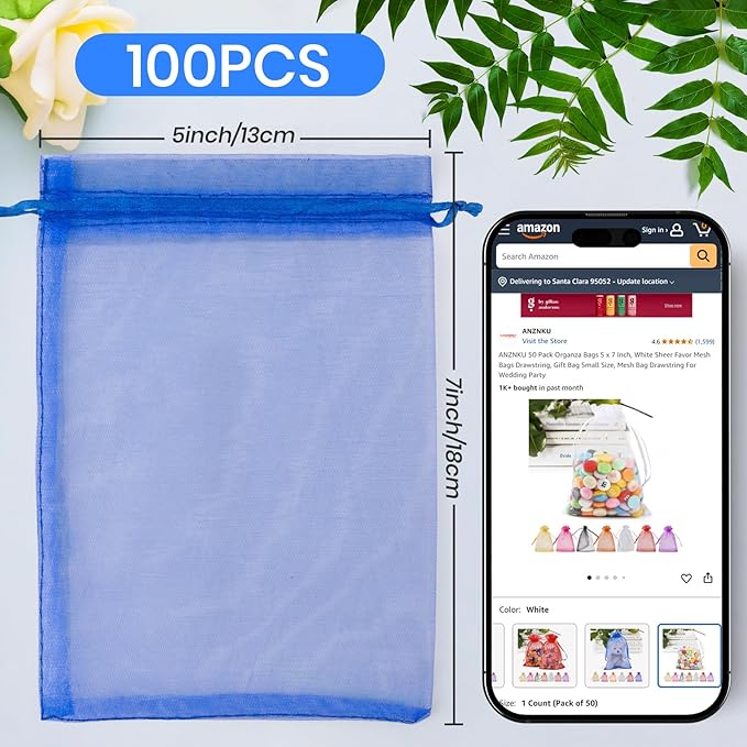 ANZNKU 100 Pack Organza Bags 5x7 Inch, Mesh Bag Drawstring Mesh Gift Bags Small Packaging Bag for Baby Shower, Party Favors(Royal Blue)