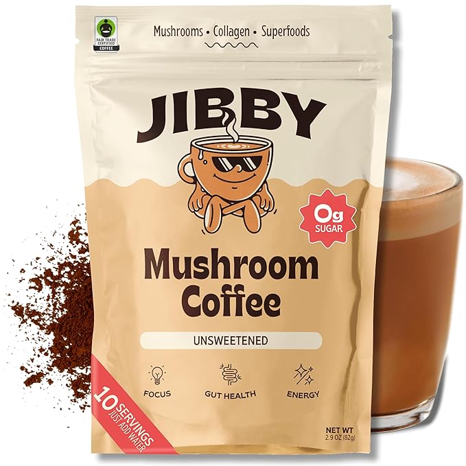 Jibby Mushroom Coffee - Organic Instant Coffee Powder with Collagen, MCT Oil, Superfood Mushrooms - Detox Mushroom Coffee Powder for Energy, Focus, Digestion, and Gut Health - 10 Servings