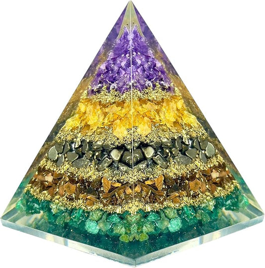 Money Magnet Pyramid with Amethyst, Citrine, Pyrite & Tiger Eye Stones – Crystal Healing Pyramid for Wealth, Abundance, Positive Energy, Reiki, Meditation & Home Décor