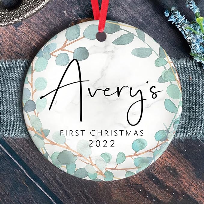 Babys First Christmas Ornament - Personalized First Christmas Baby Boy Ornament - Custom Baby Name Christmas Ornament - Blue Flowers