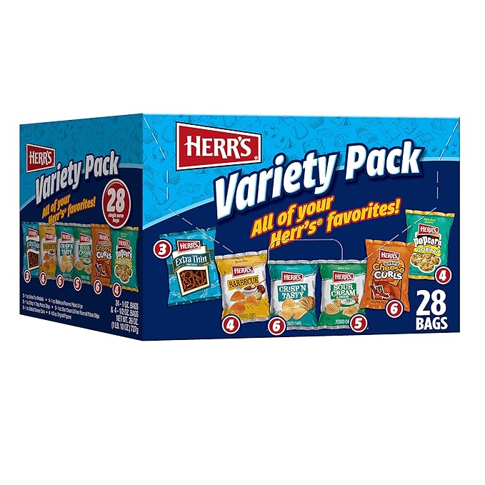 Herr’s Snacks Variety Pack, Potato Chips, Pretzels, Popcorn, Cheese Curls, 26oz Box (28 Bags)