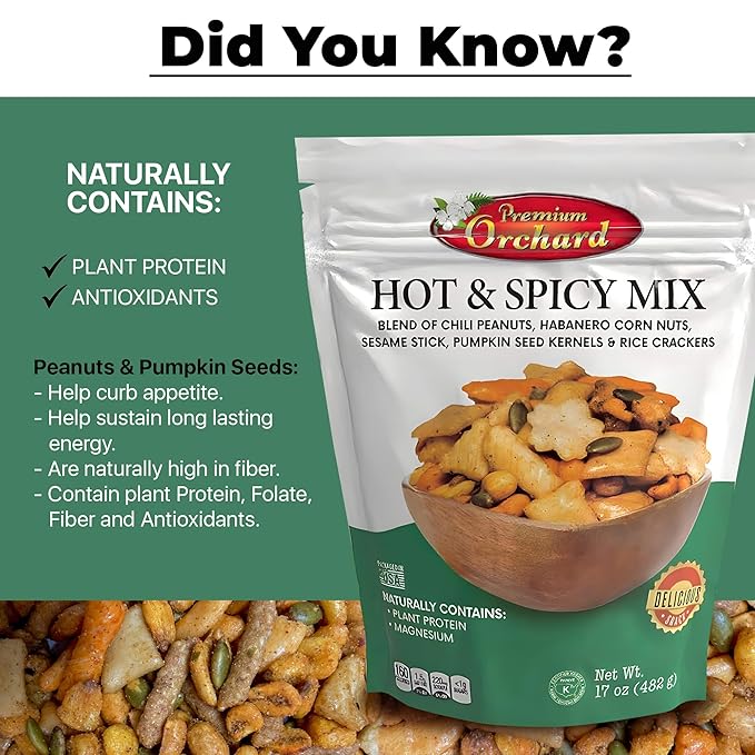 MIXED NUTS Hot & Spicy Mix - Chili Peanuts Habanero Corn Nuts Sesame Sticks Pumpkin Seed Kernels and Rice Crackers Gluten Free Snacks Non GMO Healthy Snacks Nuts - 17 oz