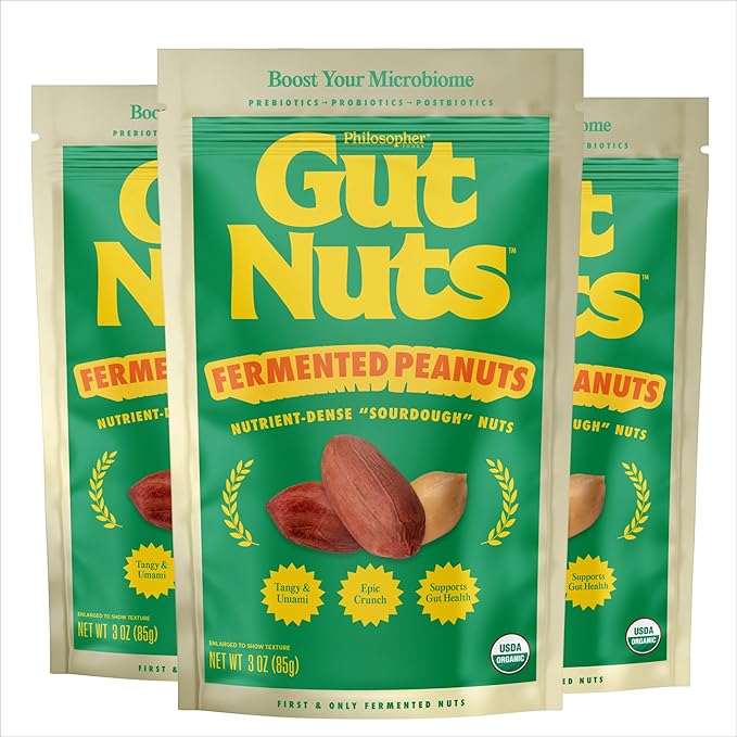 Gut Nuts - Fermented and Sprouted "Sourdough" Peanuts for Gut Health - Tangy, Umami, & Salty Flavors - Super Crunchy Low Carb Keto Snacks - Low Sugar Prebiotic & Postbiotic Peanut Snacks - 3oz Pouch (3 Pack) - by Philosopher Foods