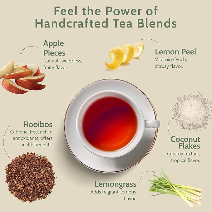 Blooms & Leopard Premium Herbal Tea Bags | The Laidback Elephant Blend | Rooibos, Apple, Lemongrass, Lemon Peel & Coconut Flakes | Caffeine-Free Herbal Infusion for Relaxation, Detox & Wellness | 20 Pyramid Tea Bags