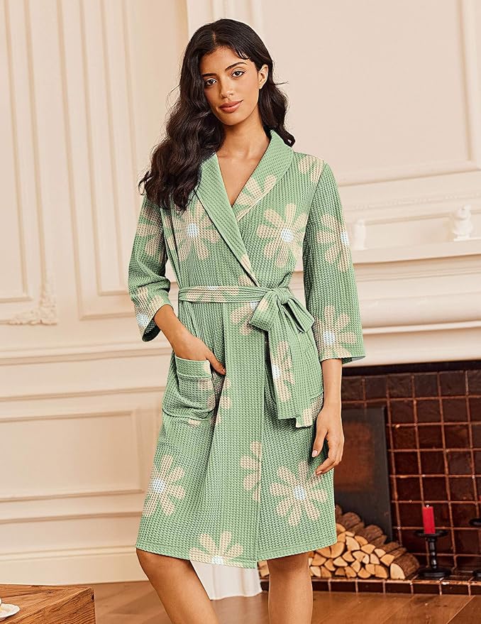 Ekouaer Robes for Women Waffle Knit Bathrobe Lightweight Kimono Robe Knee Length Loungewear with Pockets