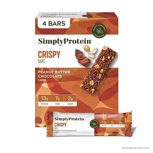 Simply Protein - Peanut Butter Chocolate Crispy Bars - Plant Based Protein Bars - Low Carb, Low Sugar, High Fiber - 13g Protein, 2g Sugar, 7g Fiber - Vegan, Gluten Free, Non GMO, Kosher - 4 Bars