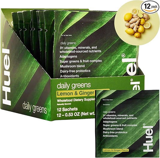 Huel Daily Greens Single Serve Lemon and Ginger | Superfood Greens Powder | 91 Vitamins, Minerals, and Wholefood-Sourced Ingredients | Adaptogens, Antioxidants, Gut-Friendly Probiotics | 12 Pack
