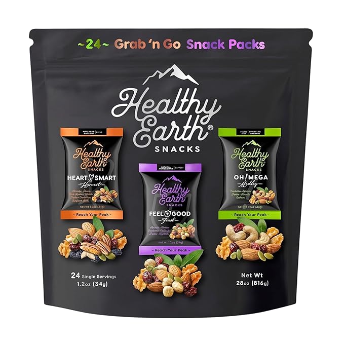 Healthy Earth Snacks 3 Flavors Variety Pack, 24 Count | Mixed Nuts & Dried Fruits Gourmet Snacks, Gluten-Free | 8 Packets Per Flavor: Heart Smart Harvest, Feel Good Feast, & Oh! Mega Medley (816g)