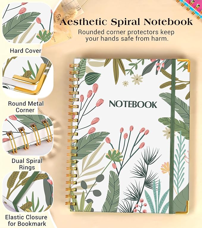 Lined Spiral Notebook Journal for Women, 200 Pages Aesthetic Notebooks 8.5” x 11”, A4 Large Hardcover Spiral Journals with 100 GSM Thick Paper, Cute College Ruled Notebook for Writing Work School, Colorful Botanicals
