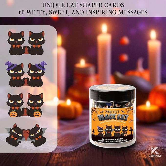Halloween Black Cat Jar, 60 Cat Affirmation Cards, Halloween Gifts for Women & Teens, Boo Basket Stuffers for Women, Spooky Basket Stuffers