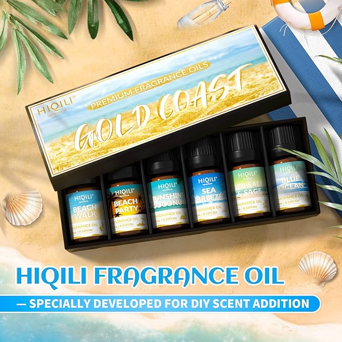 HIQILI Fragrance Oil, Gold Coast 6x10ml for Candle Scents Making, Scented Oils for Soy Candles Soap Slime Aromatherapy Diffuser, Premium Grade Essential Oil Set for Christmas Holiday