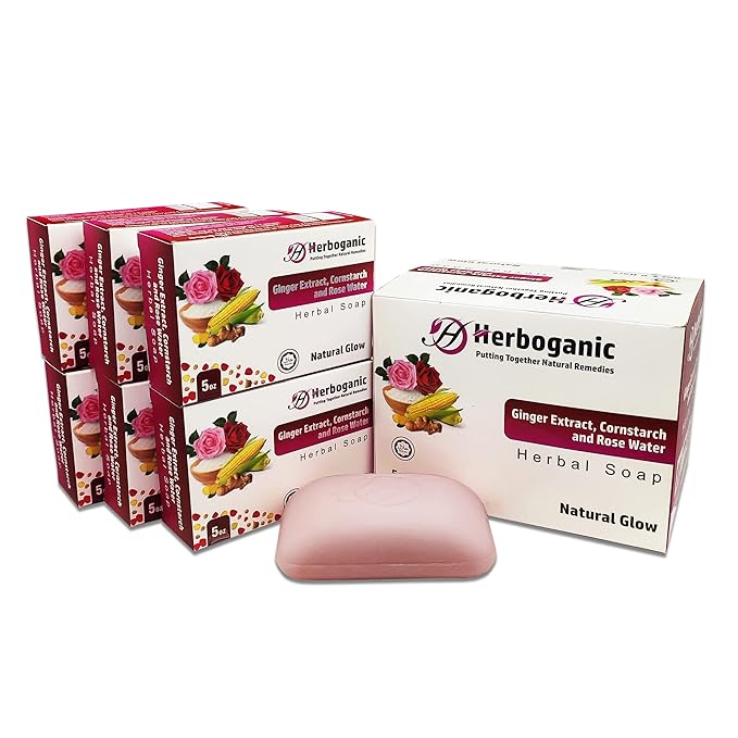 HERBOGANIC Ginger Extract, Cornstarch and Rose Water Herbal Soap | Pack of 6 of 5oz soap Bar | Ideal for Men and Women, Soothing and Nourishing Soap for Moisturization