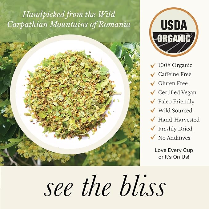 Wild Bliss Organic Linden Flower Tea - Caffeine Free Loose Leaf Calming Herbal Tea - 8.8 Ounces - 125 Servings