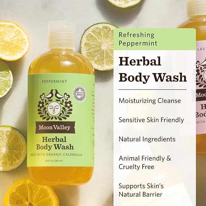 Herbal Body Wash, Peppermint by Moon Valley, All Natural Ingredients, No Parabens, Vegan, Moisturizing Essential Oils, Two Pack