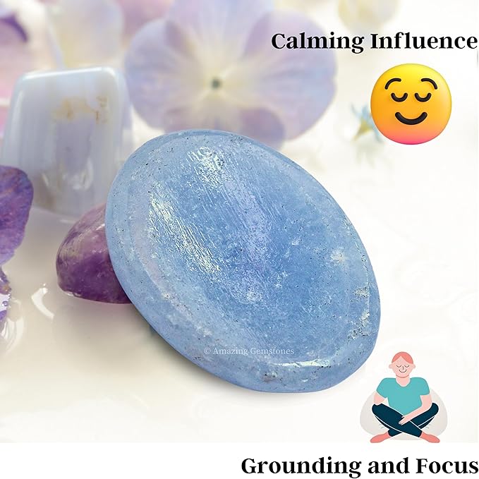 Amazing Gemstone Blue Calcite Worry Stone Crystals and Healing Stones - Worry Stones for Stress Relief Gifts - Piedra Crystal Fidget for Meditation - Unique Stocking Stuffers and Birthday Gifts