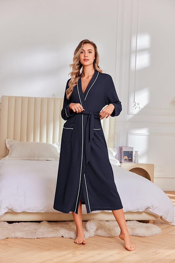 Ekouaer Robes for Women Lightweight Knit Waffle Bathrobe Full Length Kimono Casual Ladies Loungewear