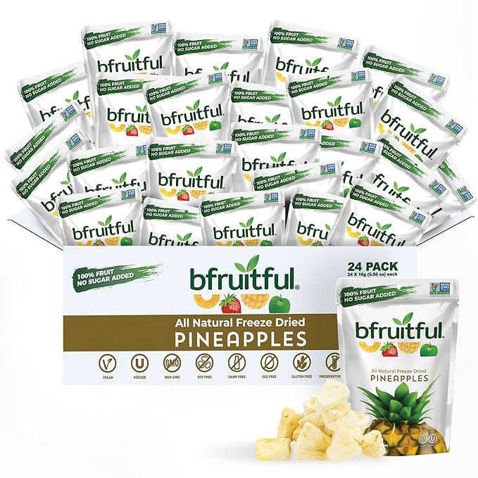 bfruitful Freeze-Dried Pineapple, Freeze Dried Fresh Fruit Bites, Gluten Free, Vegan, Dairy Free, Kosher, No Sugar Added, Non GMO, Healthy Snacks for Kids or Adults, 0.56 oz Single-Serve Snack Packets, 24 Pack