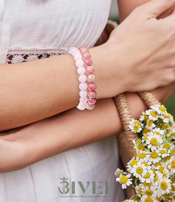 Bivei Natural Gemstone Semi Precious Healing Crystals Handmade Stretchy Round Beads Bracelet, Enhance Positive Energy