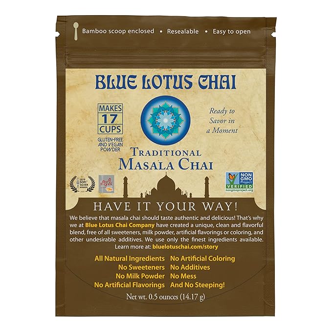 Blue Lotus Chai - Traditional Masala Chai - Makes 17 Cups - 0.5 oz Pouch Masala Spiced Chai Powder with Organic Spices - Instant Indian Tea No Steeping - No Gluten