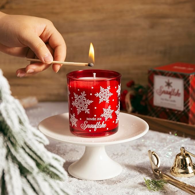 ROMIIE ZOI Christmas Scented Candle - 6oz Soy Wax Candle, Snowflake, Infused with Frosty Snow & Pine Aroma - Scottish Plaid Red and Green Gift Box for Holiday Season Gift