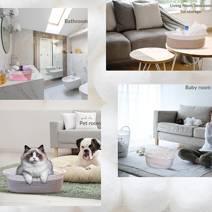 2 Pack Small Woven Storage Basket with Handles 12"x8"x5", Decorative Rope Bin for Home Organization, Shelf Storage,Cotton Rope Room Shelf Storage Basket with Handles