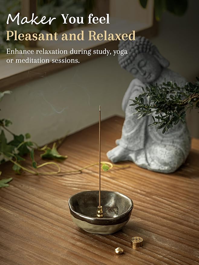 Ceramic 4 in 1 Incense Burner, 4.25 Inch Incense Holder with 3 Refined Copper Incense Sockets, Unique Round Shape Insence-Stick Holder for Meditation Decor, Yoga, SPA, Black