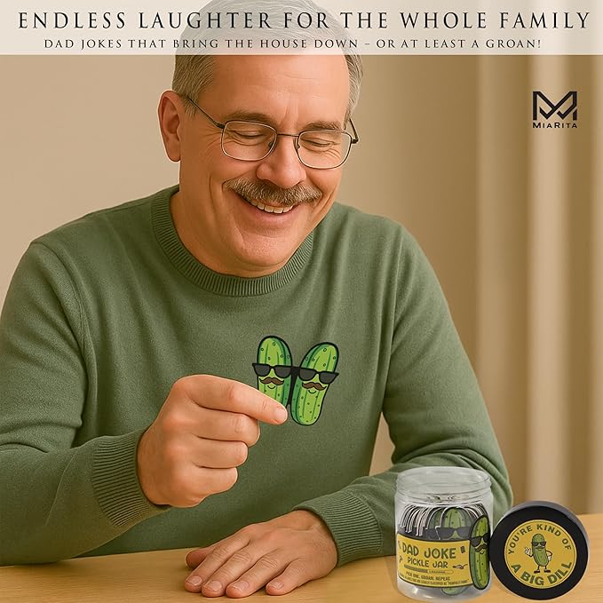 Dad Joke Jar, 60 Funny Dad Jokes in a Pickle Jar Gift for Dad, Gag Gifts for Men, Hilarious from Kids, Teens or Wife, Birthday for Him