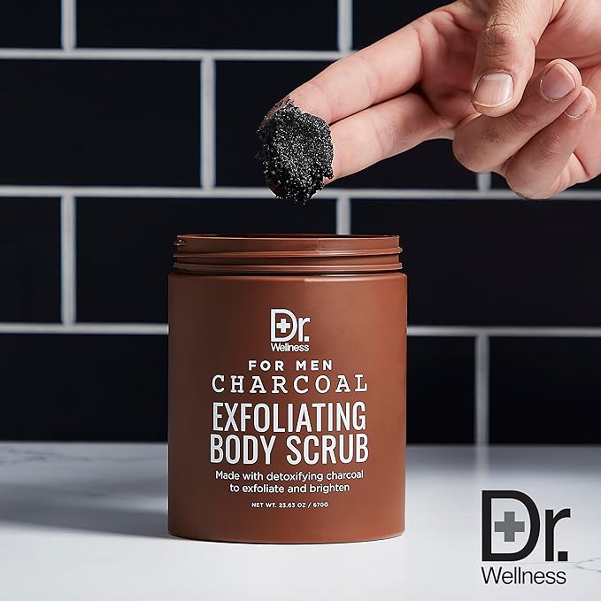 Dr. Wellness Body Scrub for Men- Ultimate Exfoliating Scrub Infused with Charcoal, Men’s Body Wash in Jar with Twist Top, 23 oz, For All Skin Types