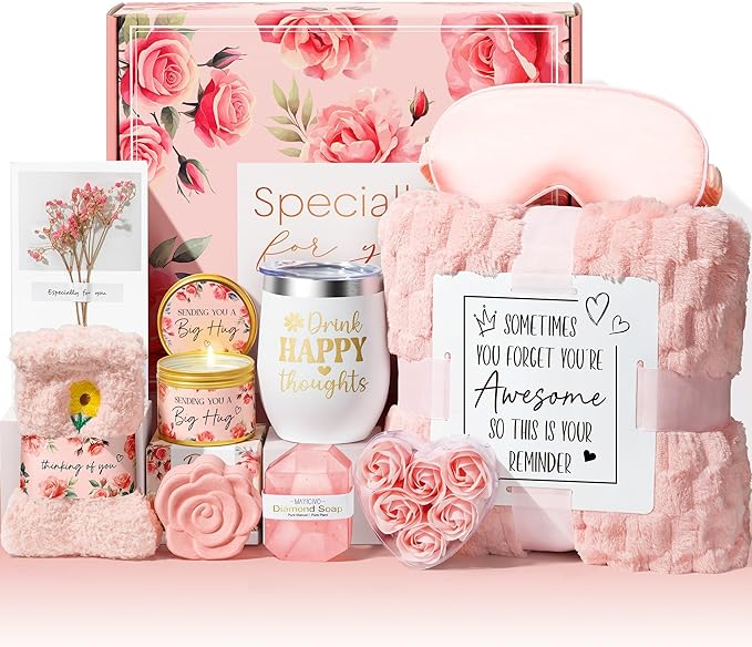 Birthday Gifts for Women Self Care Gift, Rose Spa Gift Baskets Bath Set Get Well Soon Care Package Christmas Mom Gifts for Women Sister Friend Wife Grandma Teacher Nurse w/ Blanket