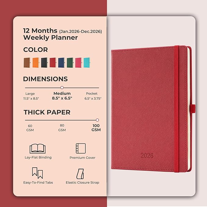 IN-LUXPRO Weekly Monthly 2026 Planner (Jan.26-Dec.26),8.5"x6.5",12 Months Agenda Plan with Month Tabs & Pocket,Expenses/Note Pages, Appointment Book Calendar with Hardcover Vegan Leather Cover,Red