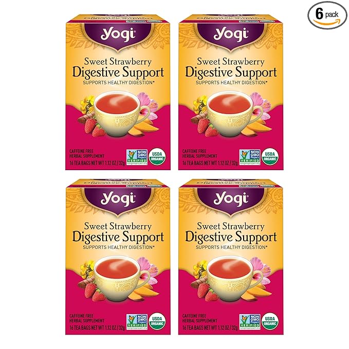 Yogi Sweet Strawberry Digestive Support Herbal Tea, Caffeine-Free, Vegan Friendly, Kosher, USDA Certified Organic, Non-GMO, 16 Tea Bags (Pack of 6)