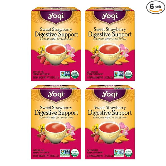 Yogi Sweet Strawberry Digestive Support Herbal Tea, Caffeine-Free, Vegan Friendly, Kosher, USDA Certified Organic, Non-GMO, 16 Tea Bags (Pack of 6)
