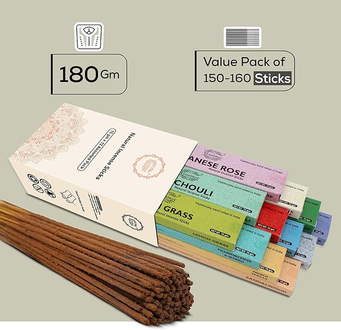 raajsee Incense Sticks Assorted Pack (180 gm), 100% Pure Organic Natural Hand Rolled Free from Chemicals - Perfect for Aromatherapy, Cleansing, Meditation, and Church (12 Pack)