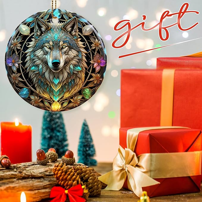 Colorful Ceramic Wolf Christmas Ornament, Wolf Ornaments for Christmas Tree, Holiday Decorations, Christmas Decor, Wolf Lovers, Wolf Gifts, Christmas Ornament Gift Ideas