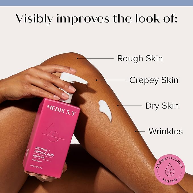Medix 5.5 Retinol Body Lotion Firming Moisturizer | Crepey Skincare Treatment | Retinol Body Cream | Anti Aging Firming Cream For Women Targets Look Of Crepe Skin, Wrinkles, & Sagging Skin, 15 Fl Oz