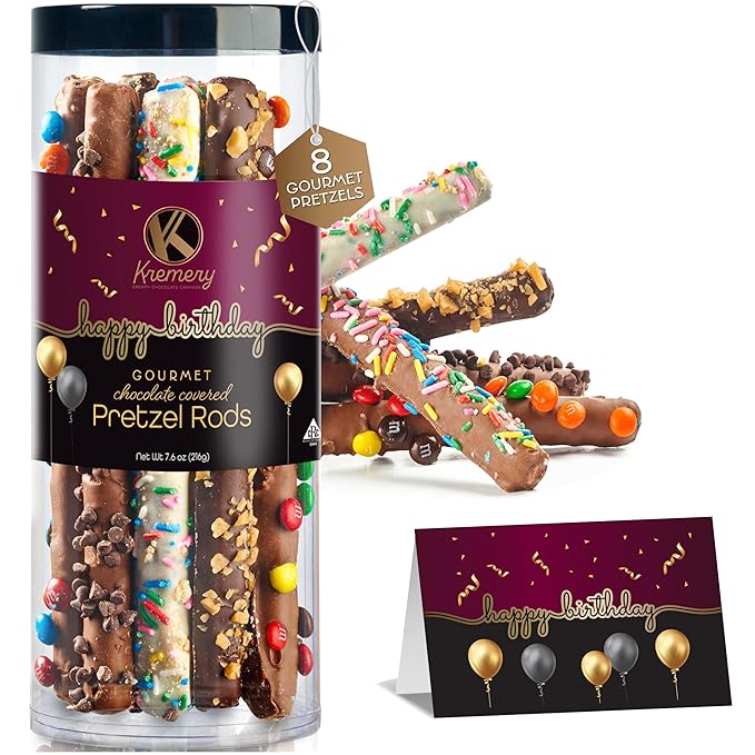 KREMERY Creamy Chocolate Cravings - Birthday Treats, Chocolate Covered Pretzel Rods Gift Basket, in Clear Tube + Greeting Card (8 Pretzels, Assorted Sweet Toppings) Food Assortments USA Made