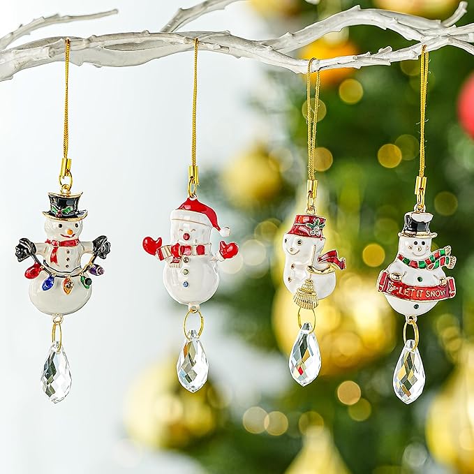 H&D HYALINE & DORA 4 Pcs Christmas Snowman Ornaments Winter Snowman Hanging Decoration Set for Christmas Tree Hanging Crystal Crafts Holiday Decor Xmas Party Supplies