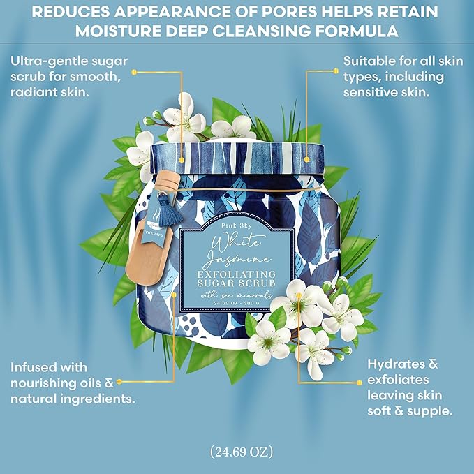 Pink Sky Exfoliating Body Scrub - Ultra Gentle Sugar Scrub for Smooth Skin - Premium Body Scrubs for Radiant, Soft Skin - Ideal Exfoliator for All Skin Types - 700g (White Jasmine, 24.69 Oz)