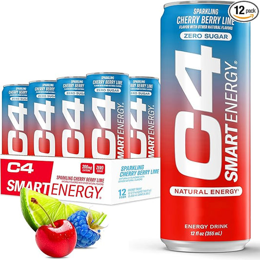 Cellucor C4 Smart Energy Drink – Boost Focus and Energy with Zero Sugar, Natural Energy, and Nootropics - 200mg Caffeine - Cherry Berry Lime (12oz Pack of 12)