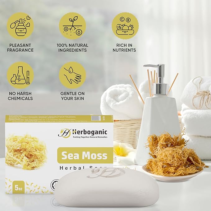 HERBOGANIC Sea Moss Herbal Soap | Pack of 6 of 5oz soap Bar | Ideal for Men and Women, Soothing and Nourishing Soap for Moisturization