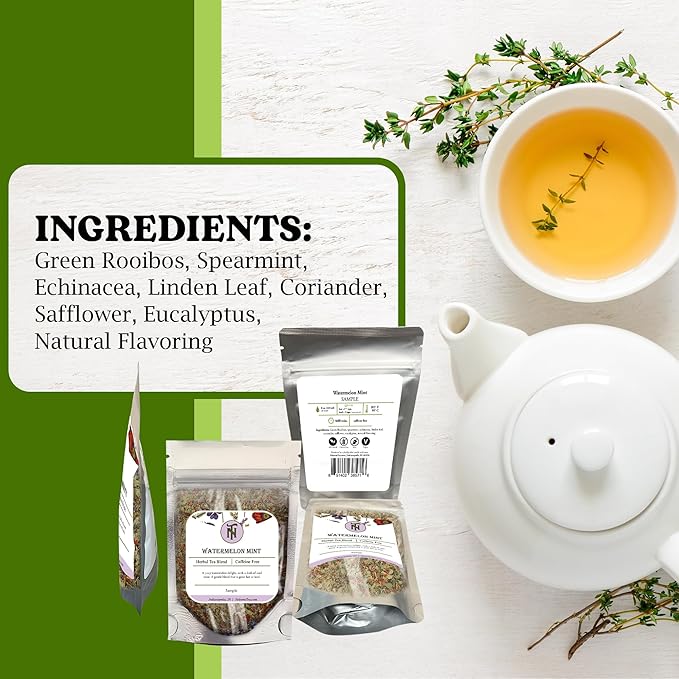 Nelson's Tea Watermelon Mint Tea Loose Leaf - Caffeine Free Green Rooibos Tea with Spearmint, Echinacea, Linden Leaf, Coriander, Safflower and Eucalyptus (Sample 0.4 Oz)